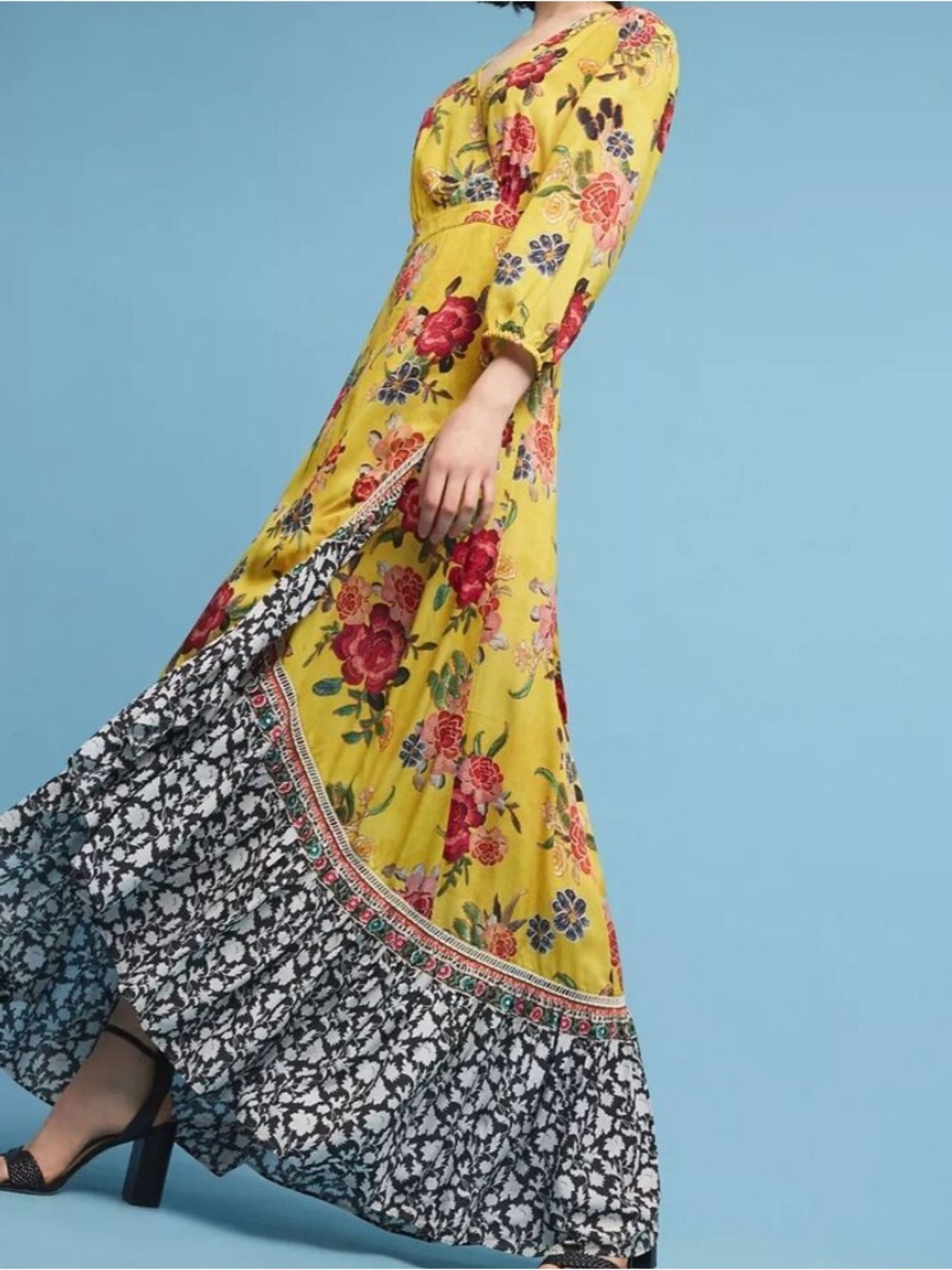 Farm Rio Sunlit Floral Wrap Long Sleeve Maxi Dress Yellow Gold XL